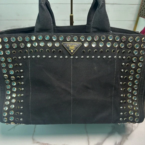 SOLD ❌❌❌Prada Crystal Studded Canapa Tote Bag - Picture 3 of 13